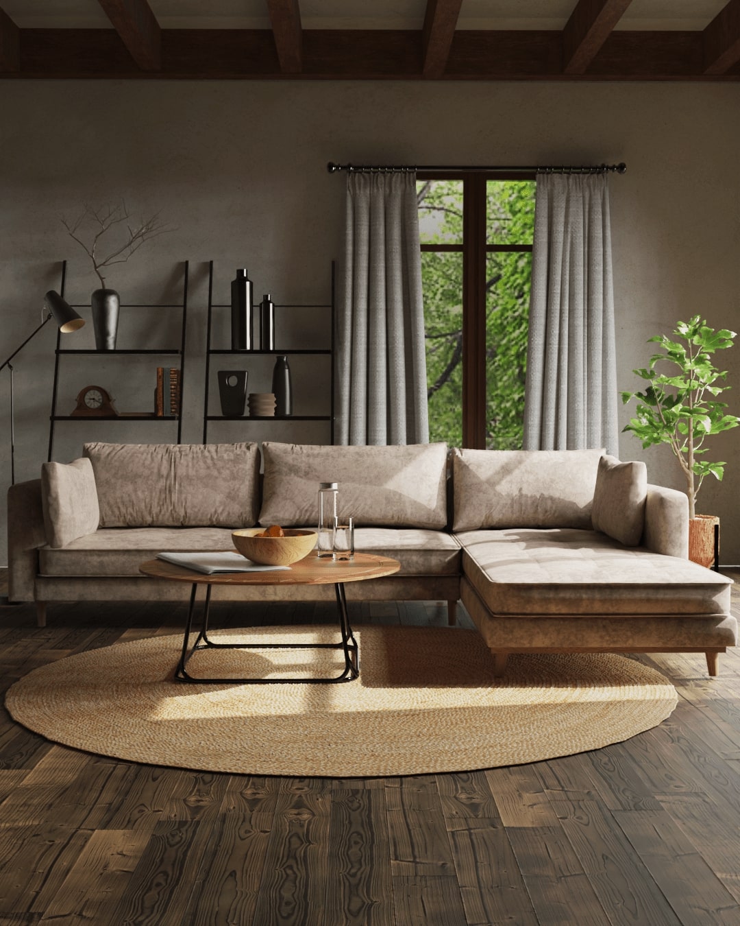 rustic style living room with neutral colours