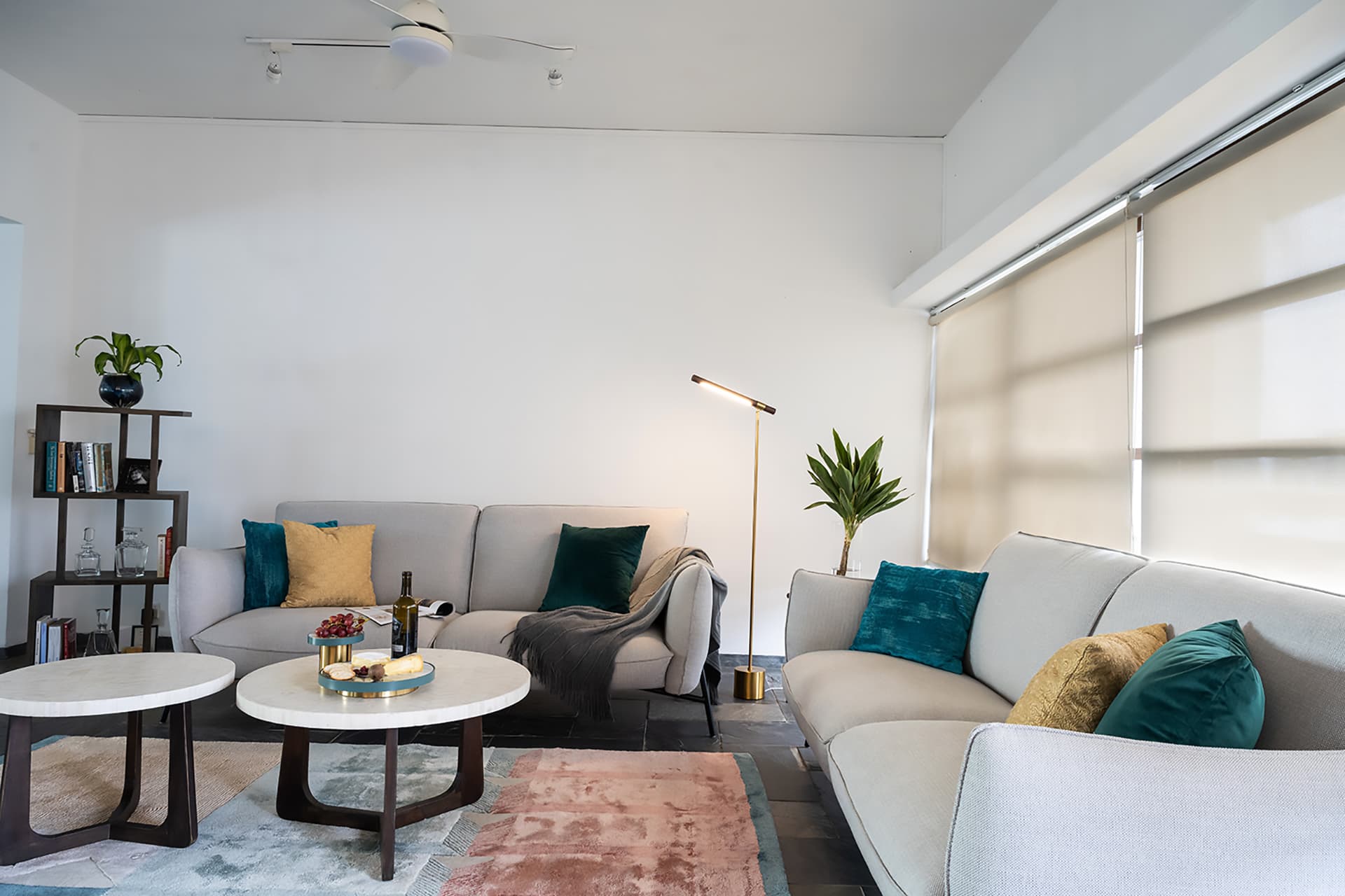 cosy living room with upholstered sofa and cushions