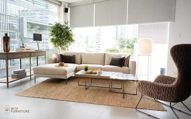 a clean and minimalist layout done by a home stager for the living room