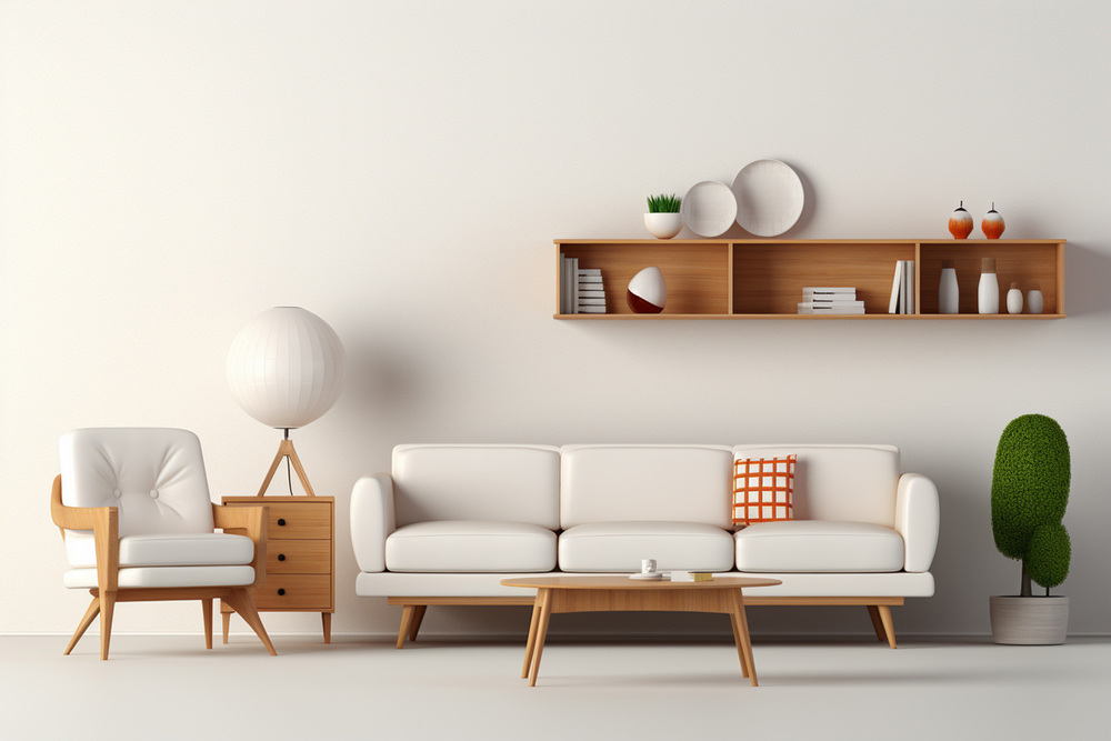 Modern living room with wood furniture and daybed.