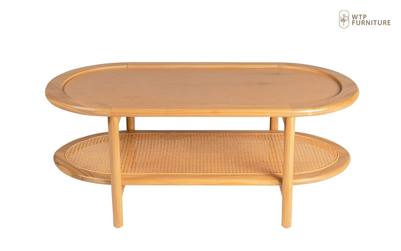 Minimalist oval coffee table with a rattan shelf.