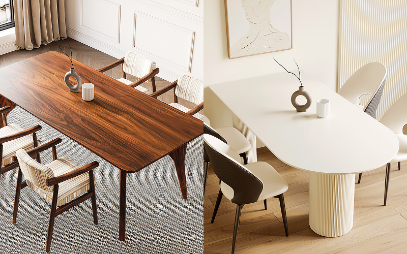 Comparison of wooden rectangular and white oval modern dining tables.