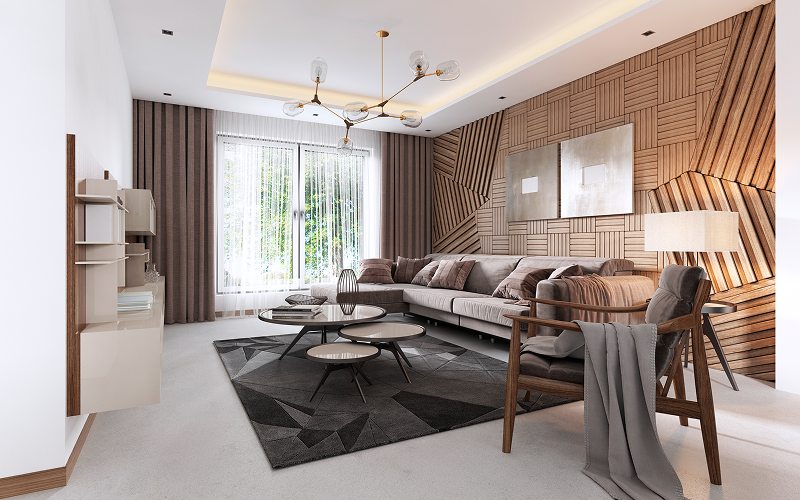 Modern living room featuring durable wood-paneled walls and fabric sofa.