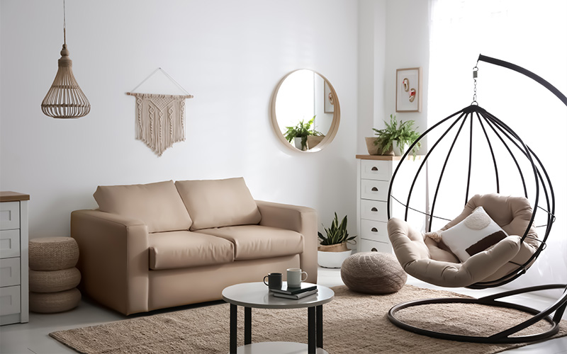 a modern living room layout with layered styling elements
