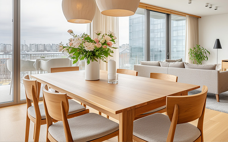 a modern wooden dining table in a compact Singapore apartment