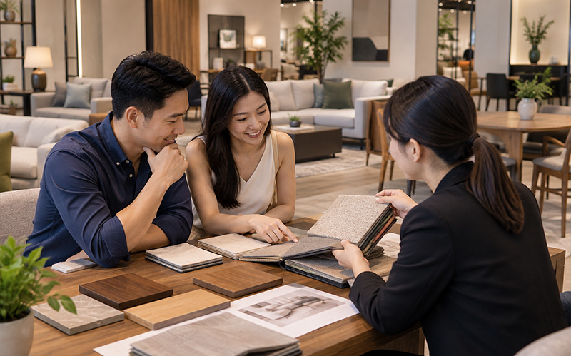 Couple discussing custom furniture materials with a designer in a Singapore furniture showroom